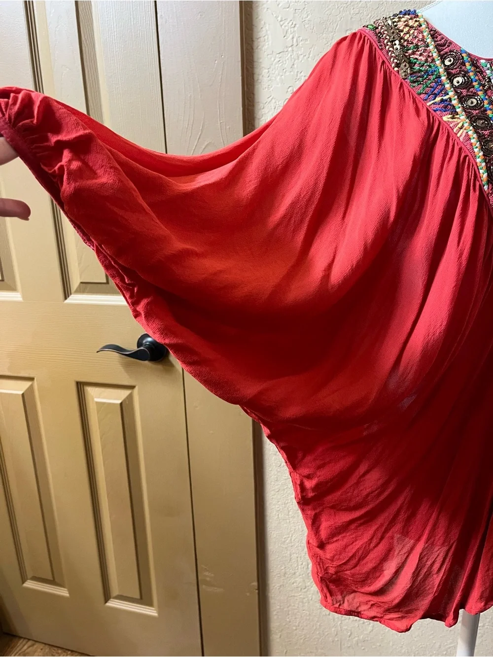 Free People Fortune Teller Tunic Top Red Beaded Embroidered Boho Caftan